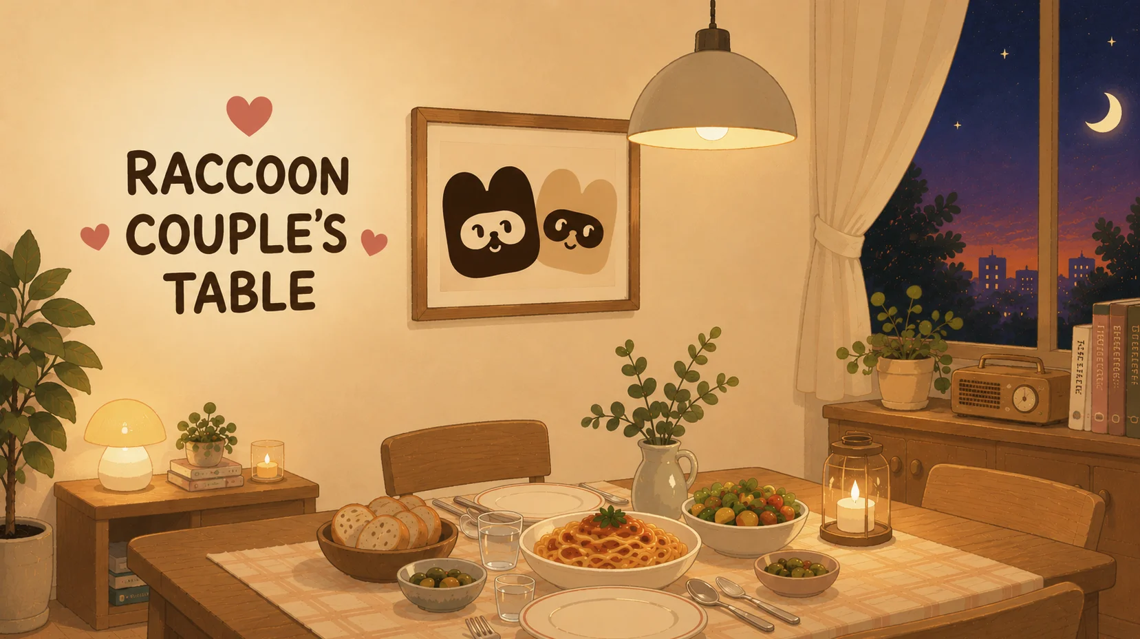 The raccoon couple sitting across from each other at the table